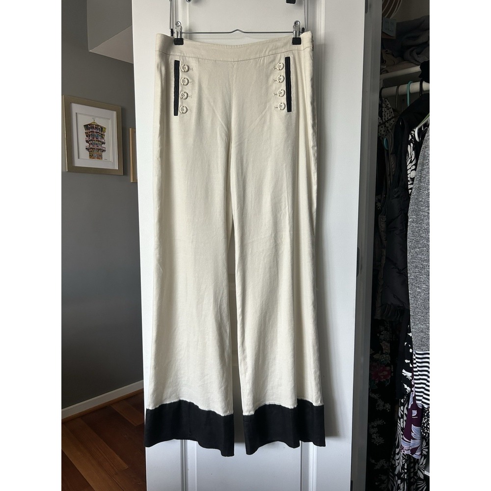 Leifsdottir Wide Leg‎ Linen Pants Women Sz 10 Cream w/ Black Contrast Cuffs
